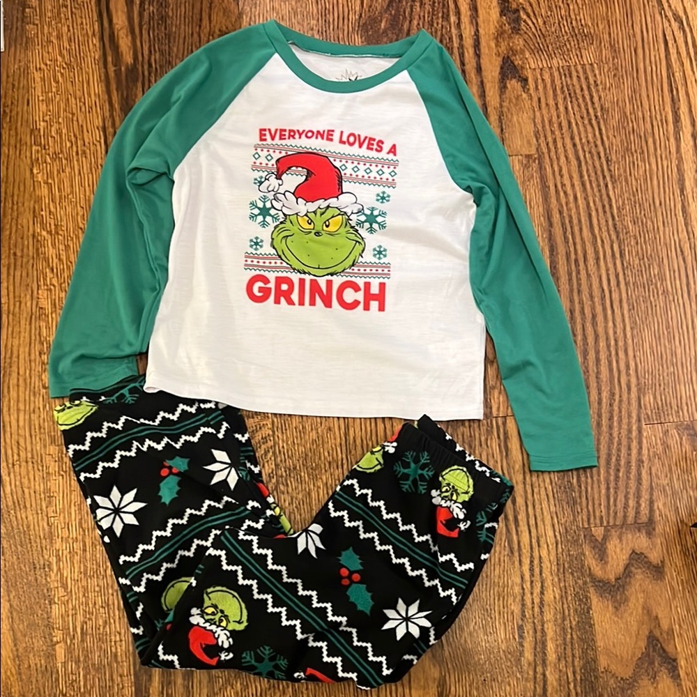 Green and White Grinch Pajama Set with Festive Design
